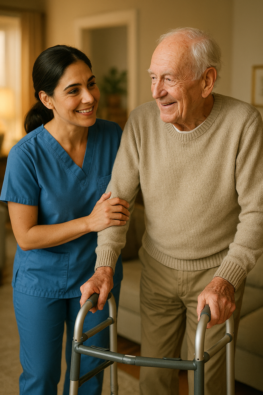 Caregiver helping elderly person with walker