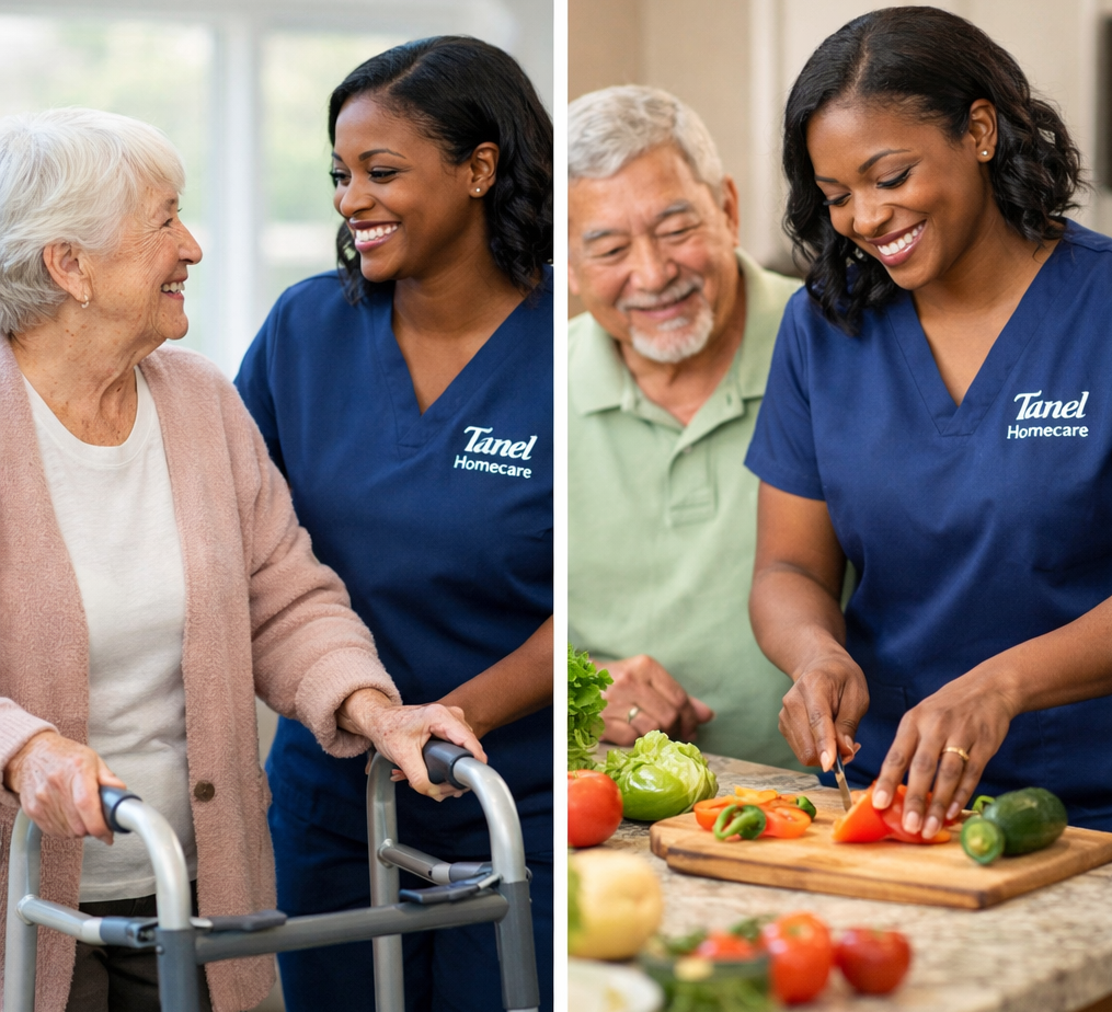 Tanel Homecare caregiver assisting an elderly woman with a walker and preparing a meal with an elderly man